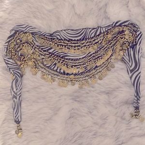 Zebra print Zumba/ belly dancing scarf with metal coin accessories. O/s